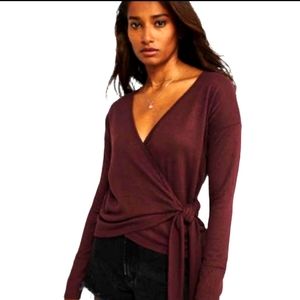New! Abercrombie & Fitch Soft A&F Cozy Ribbed Long Sleeve Wrap Burgundy Top